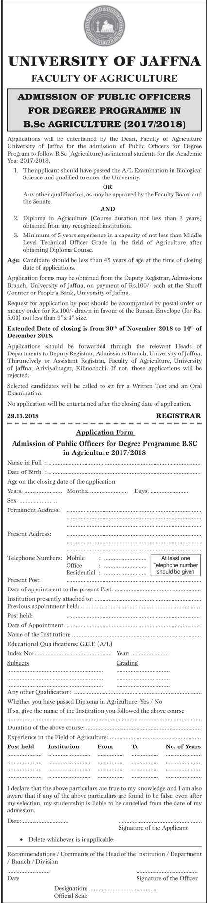 Degree Programme in B.Sc Agriculture - Faculty of Agriculture - University of Jaffna